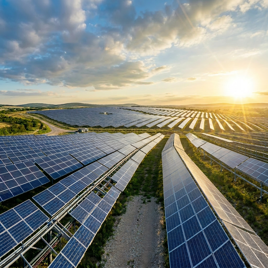 Rows of solar panels spread across a grassy hillside under bright sun and blue sky